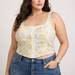 NWT Monteau Yellow Rose Floral Linen Blend Corset Crop Top XL Cottagecore